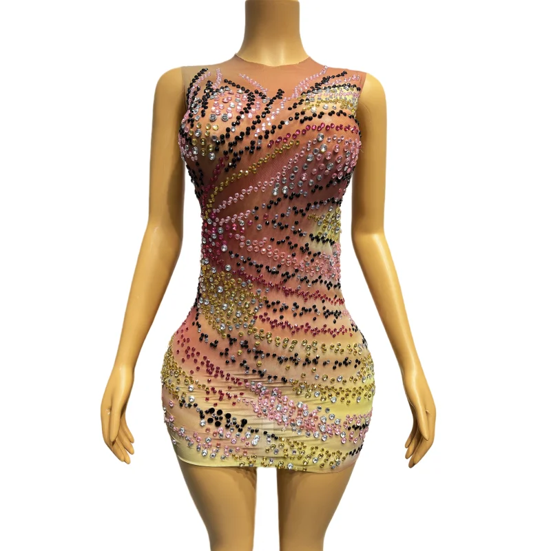 

Colorful Rhinestones Sleeveless Bodycon Mini Dress Women Singer Nightclub Mesh Performance Stage Costume Birthday Party Outfit