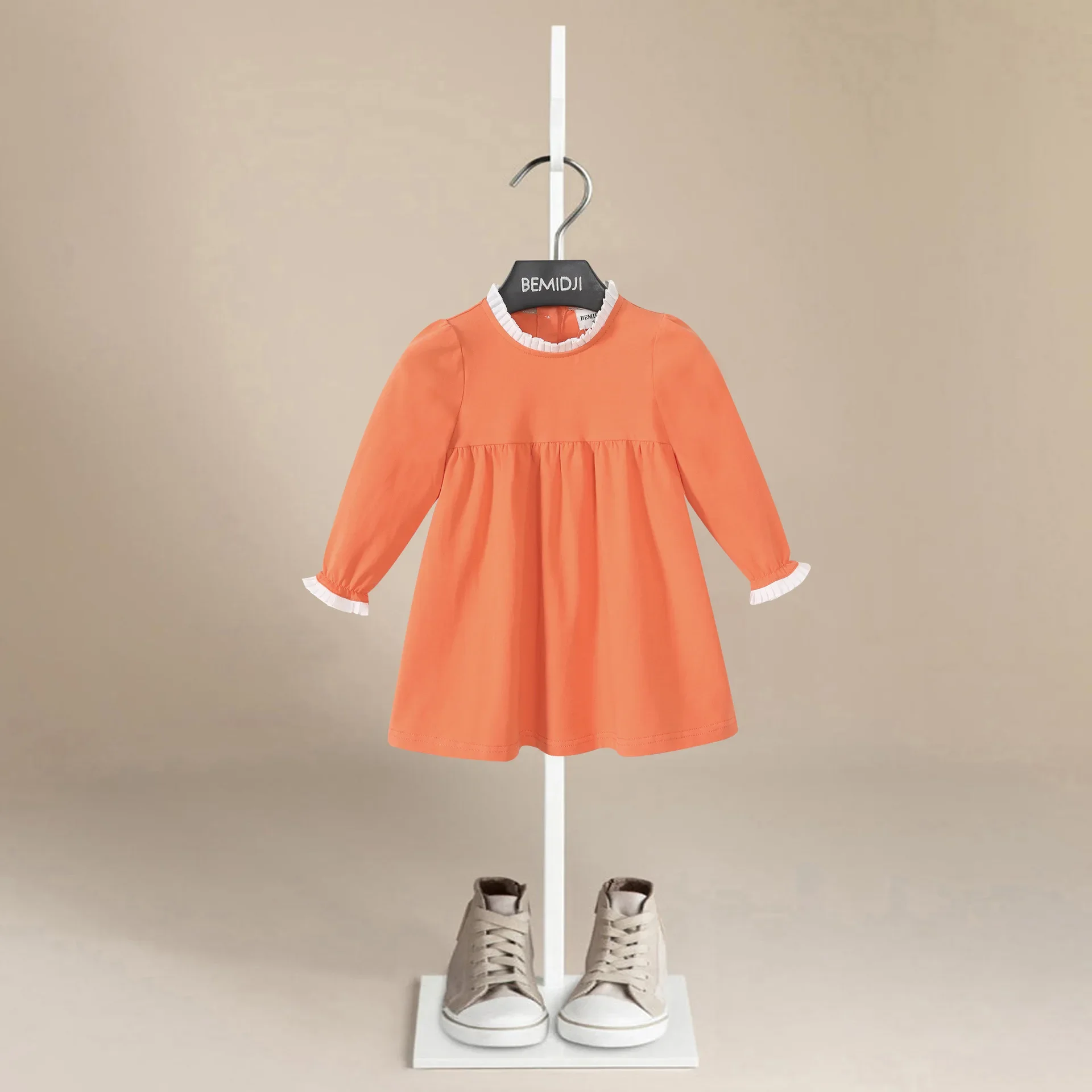 New Cotton Autumn Dress Fungus Edge Pleated Lace Collar Children's Dress Foreign Style Cute Girl Princess Dress Kids Clothes