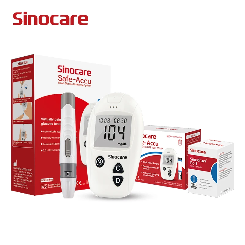 Sinocare Safe-Accu Blood Sugar Meter Glucometer Kit Test Strips Needles Lancets Medical Diabetes Tester Monitoring System