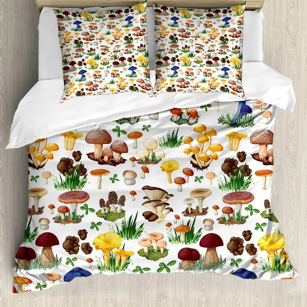 Wild Mushroom Bedding Set King Queen Cute Mushrooms Comforter Cover Kawaii Fungus Duvet Cover Cartoon Plant Leaves Quilt Cover