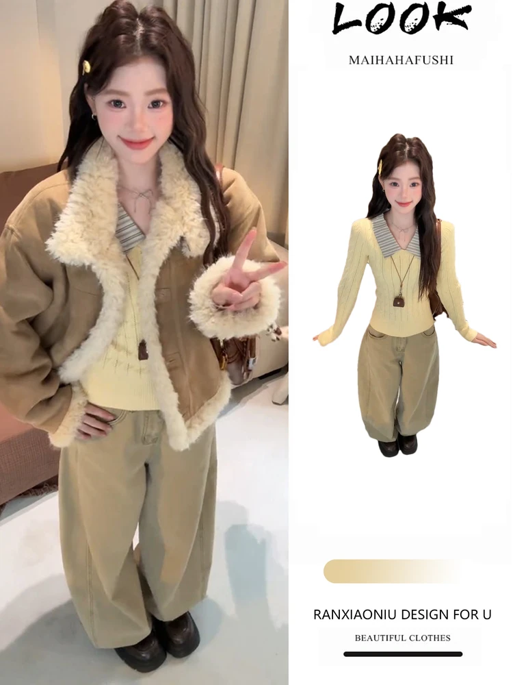 

Korean Sle Women's Thiened Warm Fur Collar Jaet And Jeans Set Gentle Sle Tee-Piece Suit High Waist Long Pants