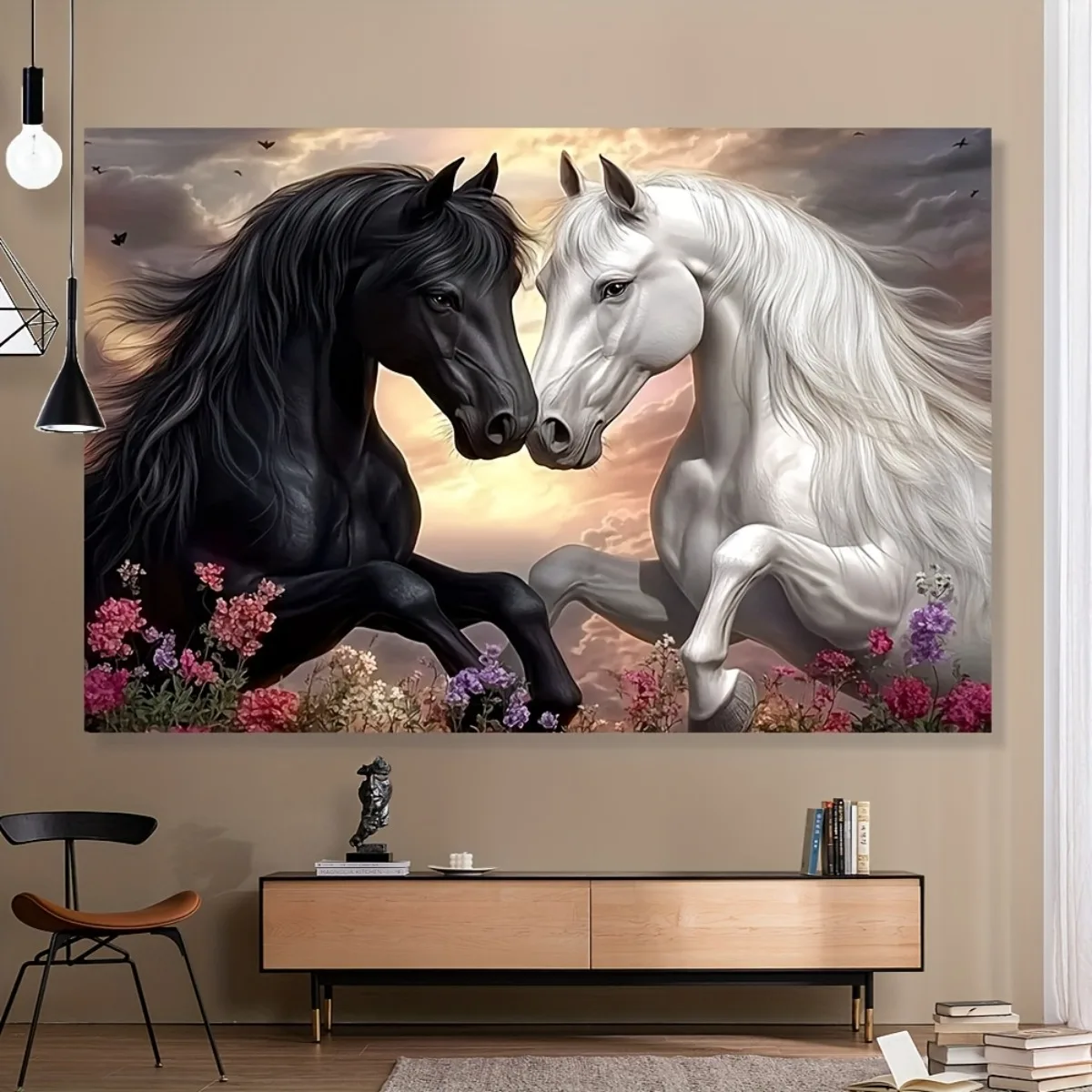 Decorative Window Curtain Black and White Horse Couple Fantasy Art Print Dramatic Equestrian Scene for Living Room Bedroom Home