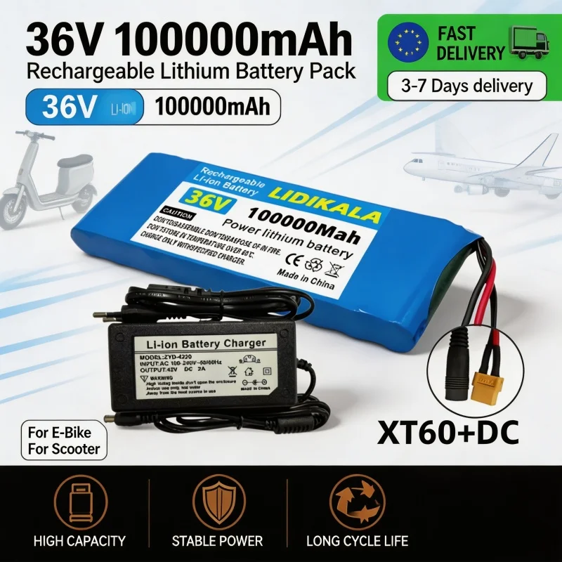 Pacco batterie agli ioni di litio 18650 da 36 V, 10S1P, 100 Ah, ad alta capacità, per biciclette elettriche, scooter e tricicli, spedizione rapida dalla Polonia per i clienti dell'UE.
