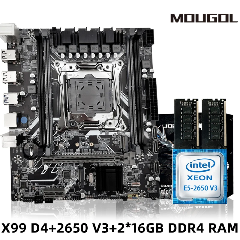 

MOUGOL X99 D4 Motherboard Set Kit With Intel LGA2011-3 Xeon E5 2650 V3 CPU DDR4 32GB (2*16GB) 2133MHZ RAM Memory NVME M.2 SATA