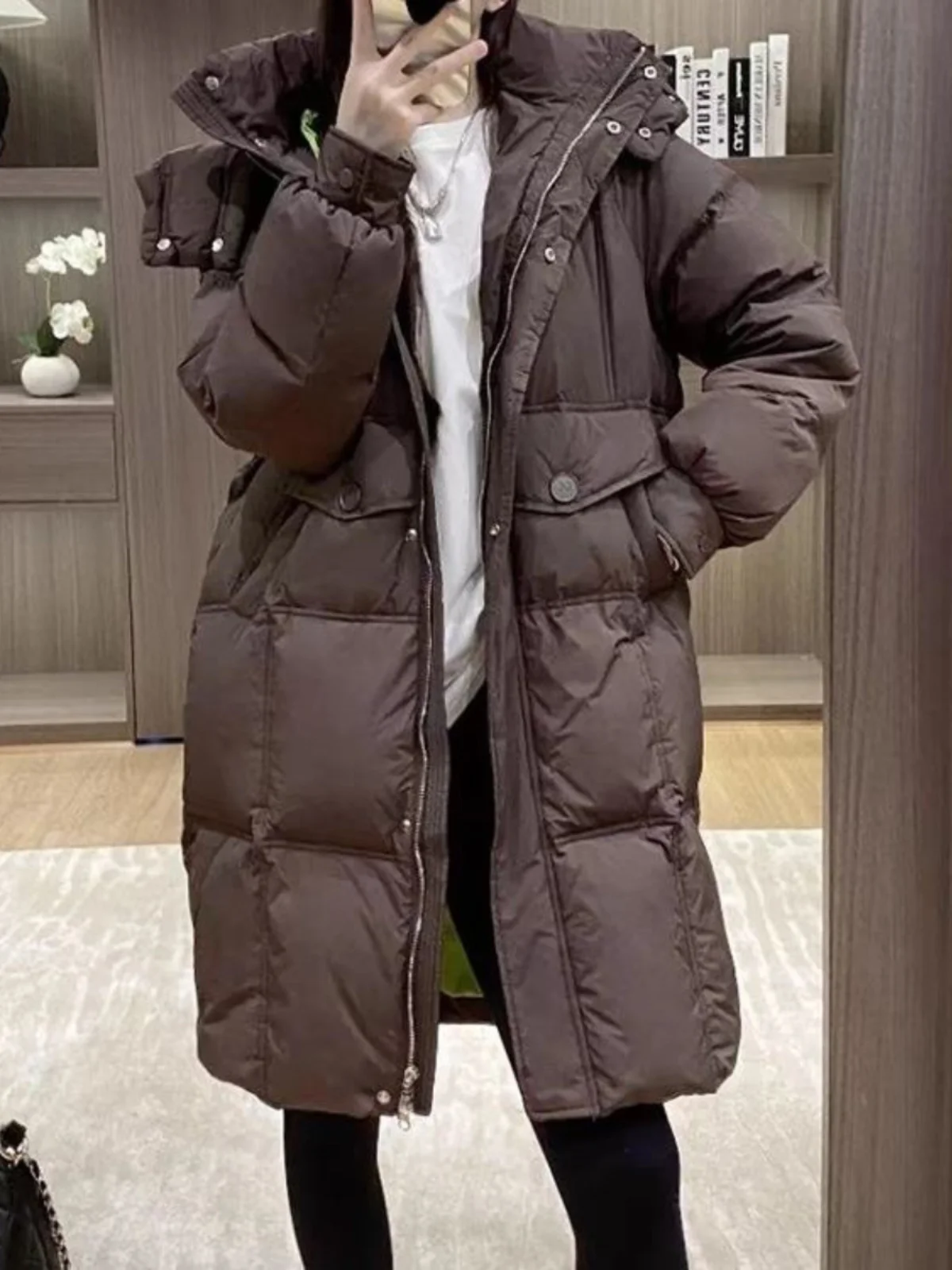 Damen-Daunenmantel mit Kapuze, mittellang, Thiened, warm, 90 % weißer Du-Federmantel, koreanischer Sle Commute Memory-Stoff, Polyester...