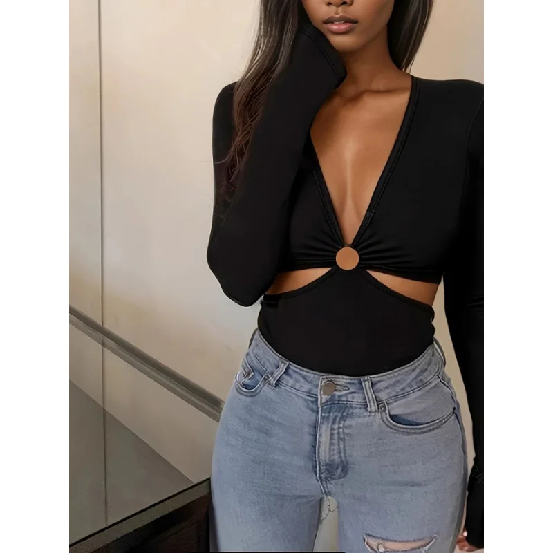 

black sexy women's autumn/winter bodycon jumpsuit, solid color casual women's street style jumpsuit