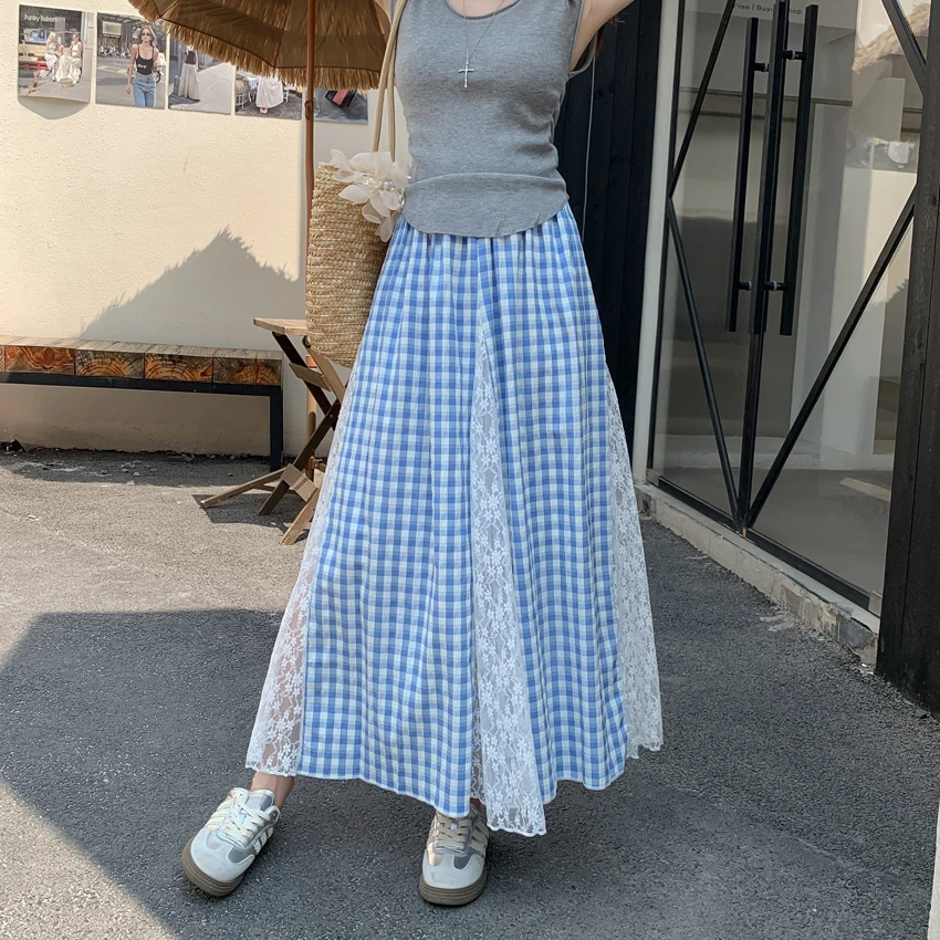 

Длинная юбка в клетку с кружевной вышивкой для женщин, весна-лето, макси-юбки с высокой талией, уличная юбка в японском стиле