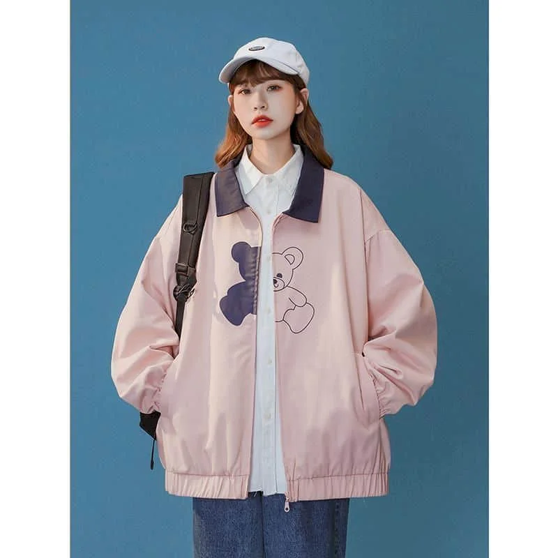 

Jackets for Women Korean Style Loose Baseball Outerwear Oversized Turn-down Collar Cardigan Long Sleeve Vintage Coats Women Tops