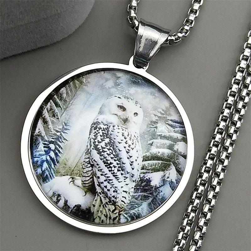Geheimnisvolle Schneeeule Runde Glas Medaille Anhänger Halskette Für Frauen Männer Edelstahl Gold Farbe Foto Tier Kette Schmuck – Detail 5