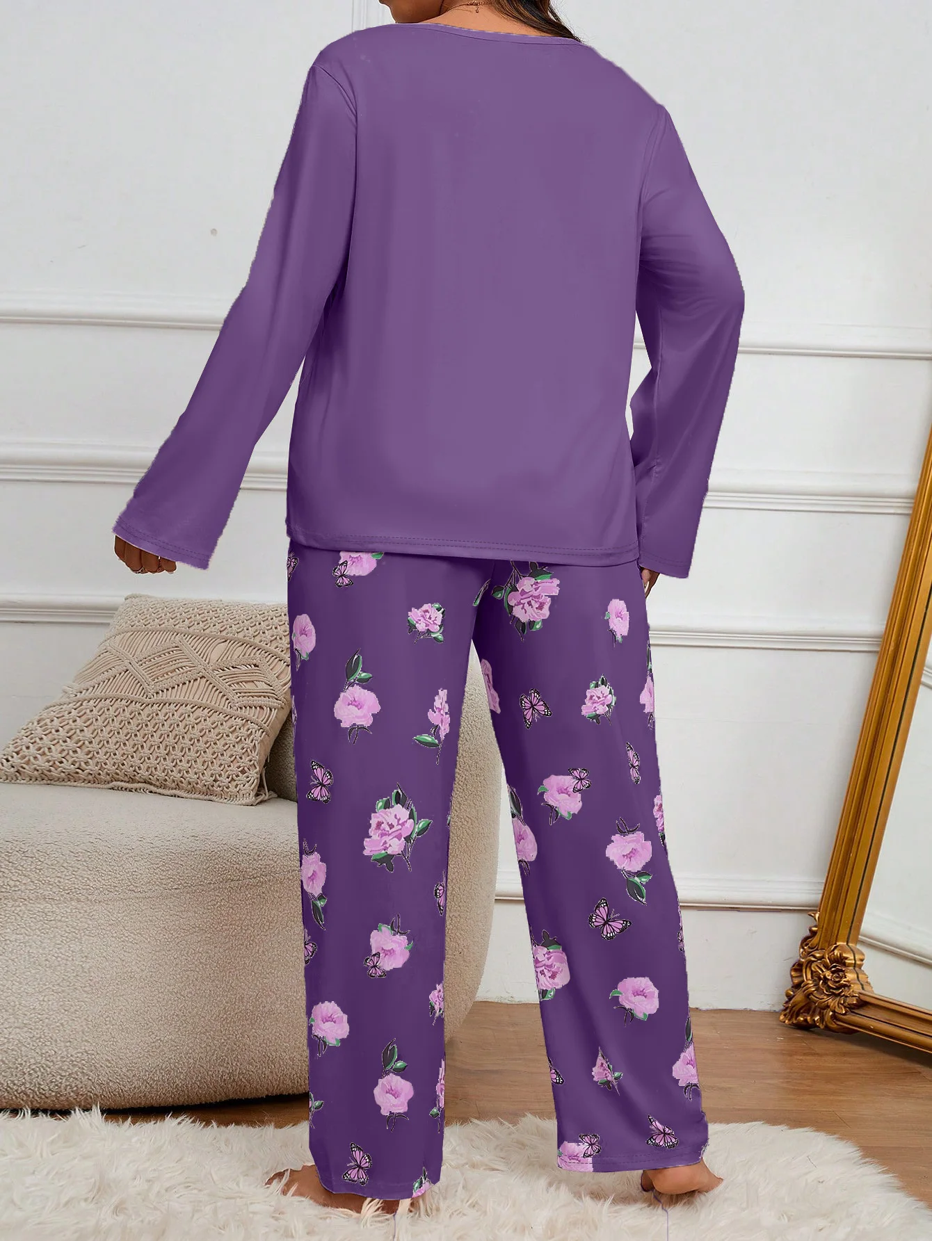 Women's plus size round neck long sleeve set pajamas