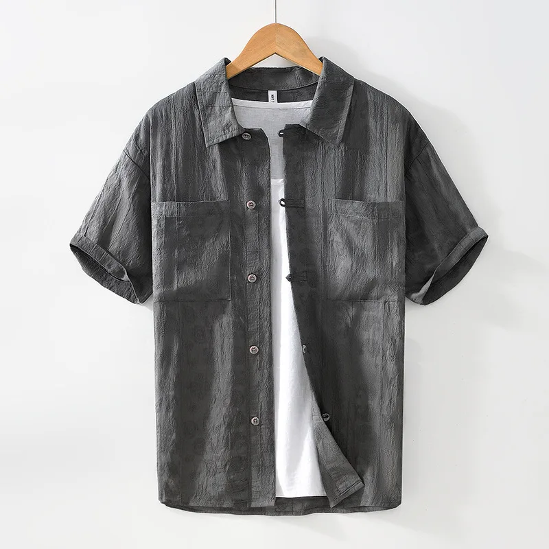 

Повседневная рубашка с двойным карманом для мужчин, летняя винтажная блузка с короткими рукавами и лацканами, дышащие мягкие уютные тонкие топы для мужчин
