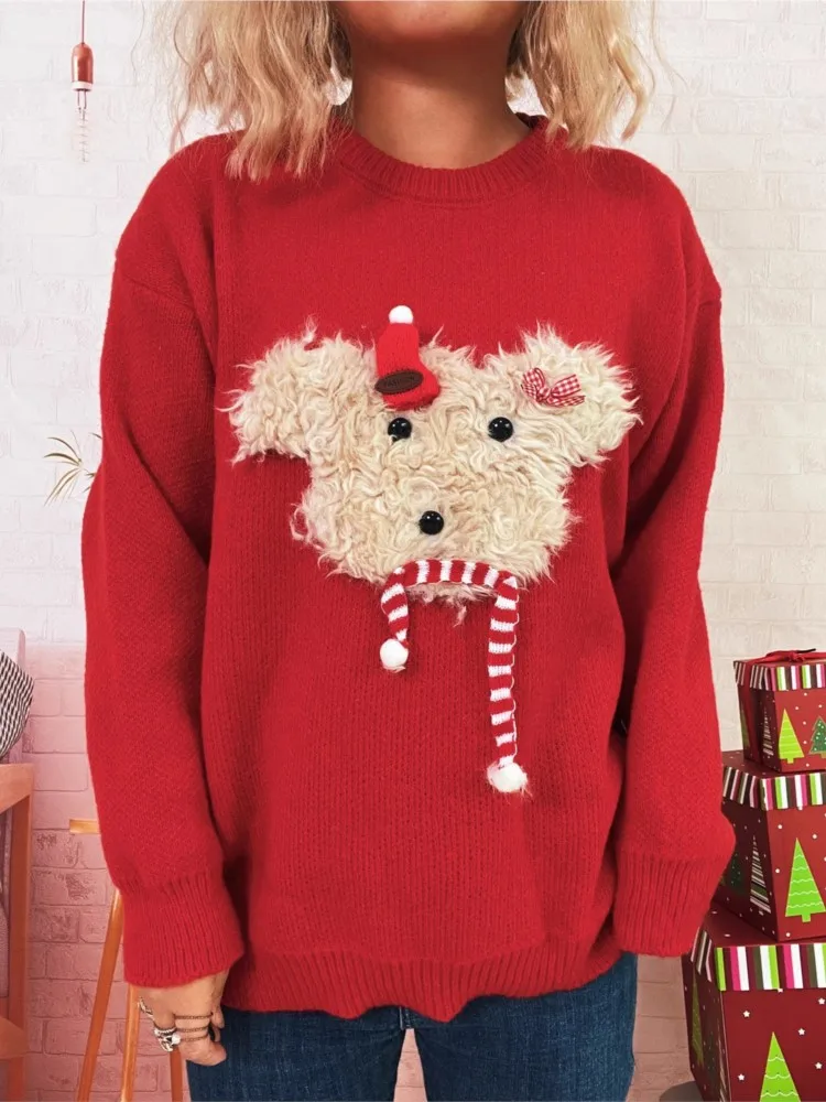 Autumn And Winter Christmas New Stitching Cartoon Puppy Long-sleeved Sweater Women's Lazy Style Casual Chic Knitwear Tops