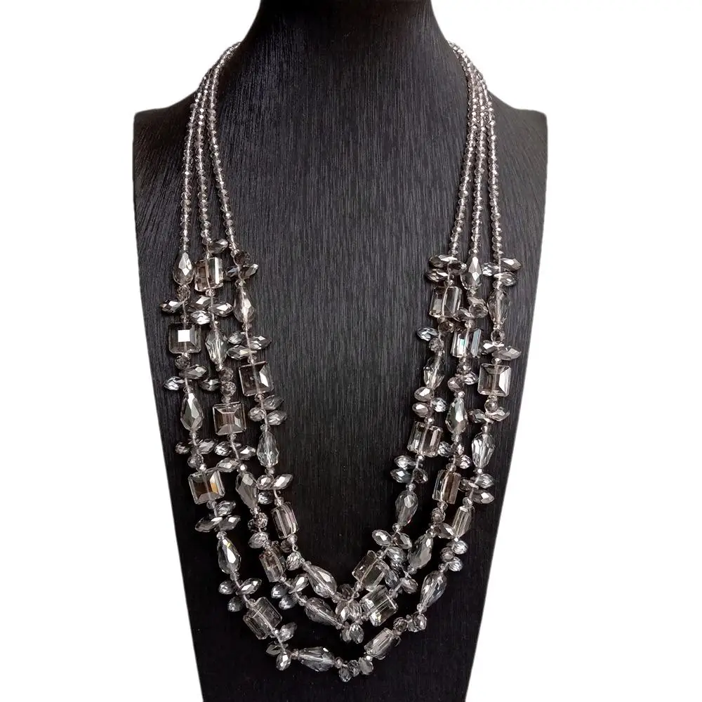 3 Rows Gray Crystal Necklace Statement Fashion Women Strand Collar Necklaces