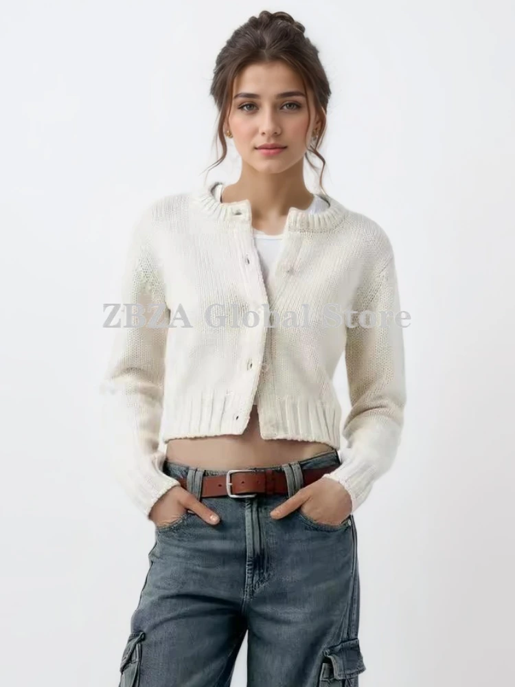 ZBZA Women Vintage Knit Cardigan Solid Crew Neck Long Sleeve Single Breasted Threaded Hem Short Sweater Fall Winter New Lady Top