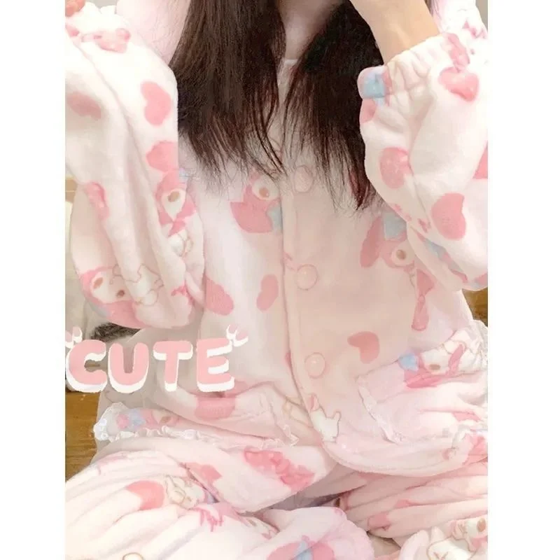 Sanrio Melody Cute Pajamas Women 2023 Autumn Winter Thick Doll Neck Pijama Sleepwear Girl Fashion Kawaii Top Pants Two-piece Set