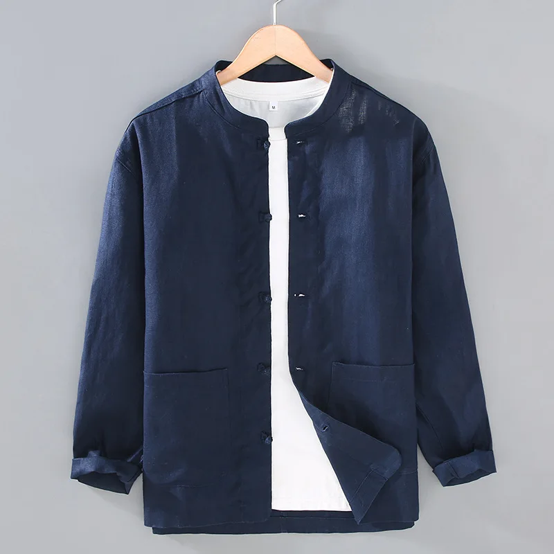 2025 Spring new men's Chinese style buckle long sleeved linen loose casual versatile simple youth stand up collar shirt G190