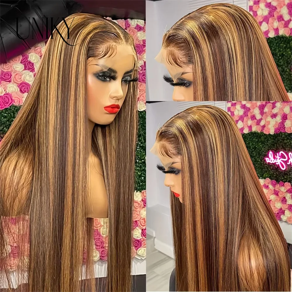 

180% Density 13X6 13X4 Highlight Ombre Lace Front Wig 4/27 Honey Blonde Human Hair Bone Straight Lace Frontal Wigs For Women