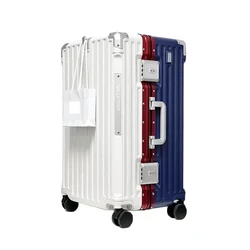 Valise à roulettes multifonctionnelle à cadre en aluminium, bagage blanc et bleu, épaissie et durable, 24 po