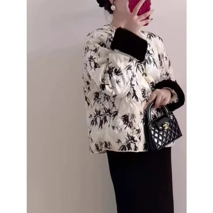 

New Chinese Style Printing Coat Women Traditional Button Short Tops Vintage Casual Winter Thicken Overcoat Female