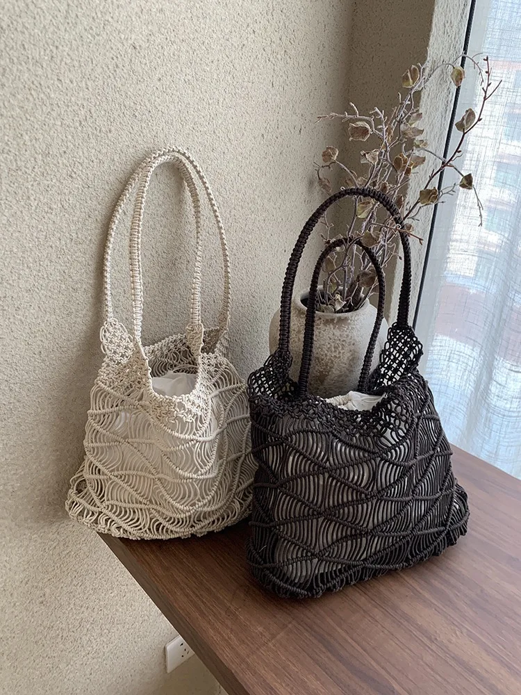 

Handwoven Cotton Tead St Bag Hollow out Design Tote Handbag for Beach Vaion Casual Simple Sle Soft Fabric ex