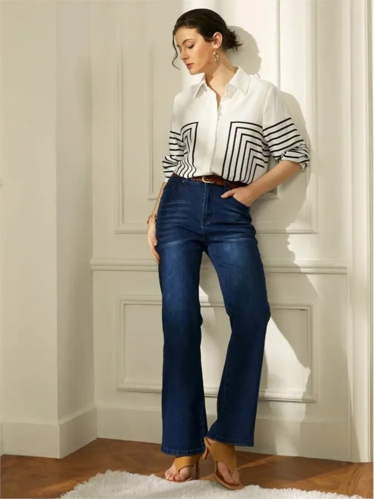 

Элегантная белая полосатая рубашка с принтом для женщин, весенняя мода, однорядные свободные топы с откидным воротником и пряжкой, осенние женские офисные блузки