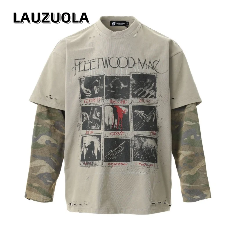 High Quality Luxury Casual Retro Rock Shirt Tops Men Fake Two Piece Graffiti Camouflage Long Sleeve T-Shirt