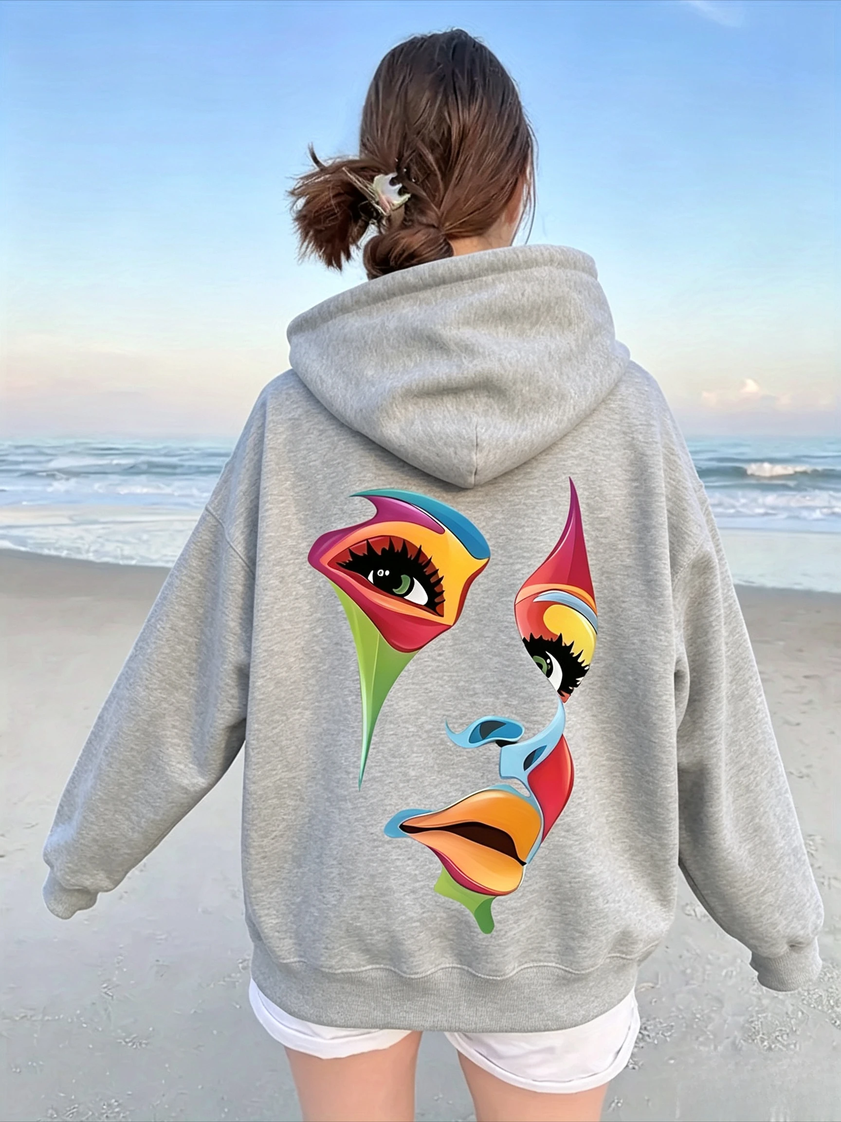 Unisex Oversized Hoodie Sweatshirt Vibrant Abstract Woman Face Pop Art Back Print Comfort Daily Streetwear Top