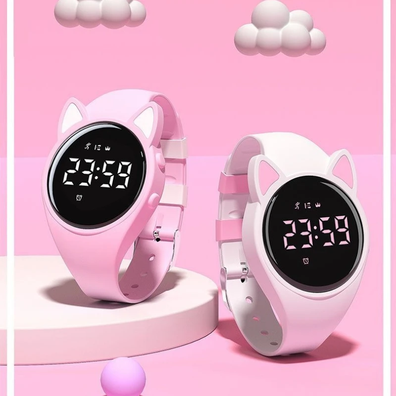 3D Cartoon Cat Ear Smartwatch Women Kids Waterproof USB Charging Sport Fitness Bracelet Band Smart Watch Girl Step Alarm Clock