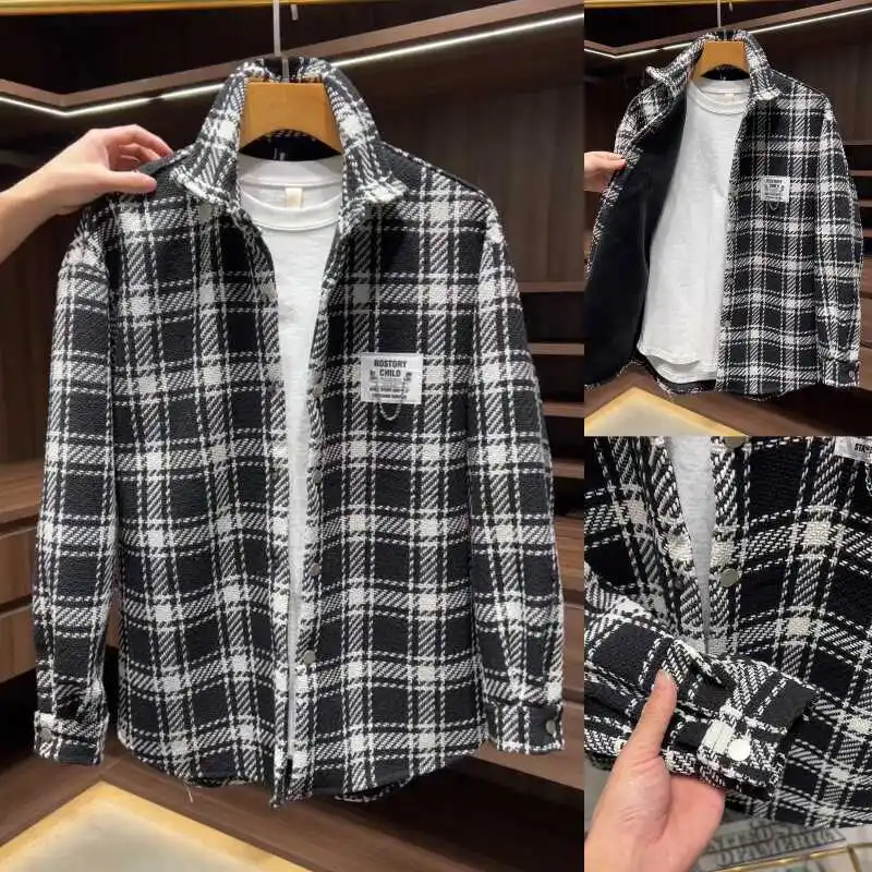 Retro American Large Plaid Long Sleeve Men's Jacket Outerwear Black White Grid Shirt Casual Style Autumn New High Sensation