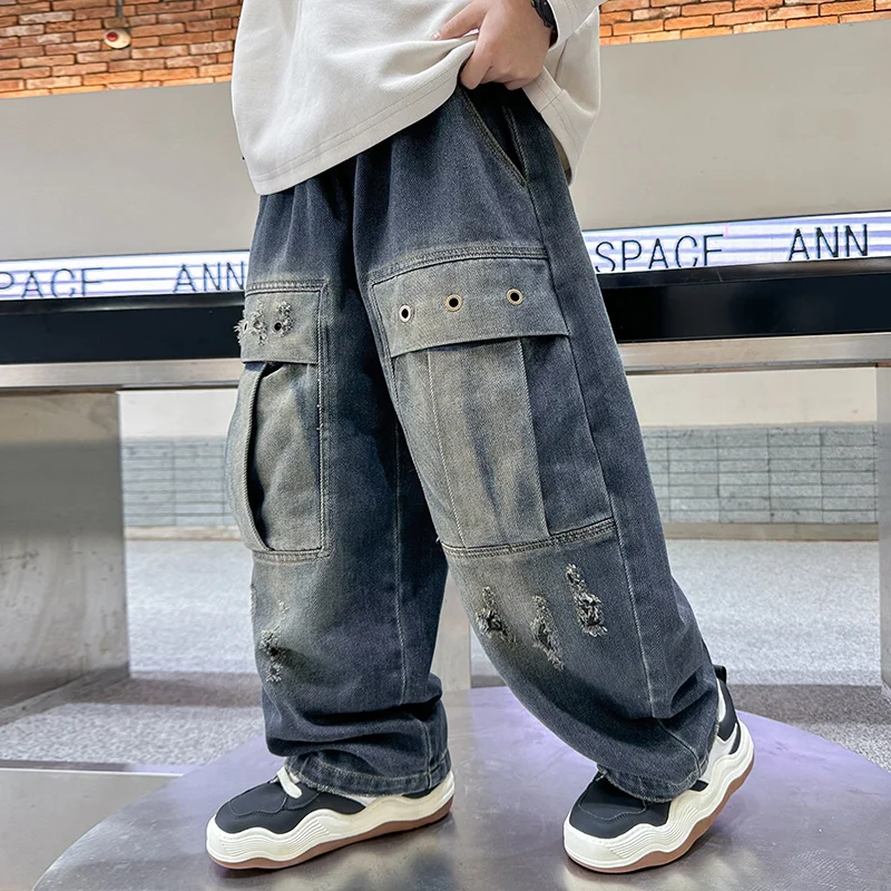 High Quality Retro Blue Wide Jeans for Big Boy Baggy Jeans With Pocket Cowboy Cool Denim Pants With Hole Kids Ripped Jeans 5-14T