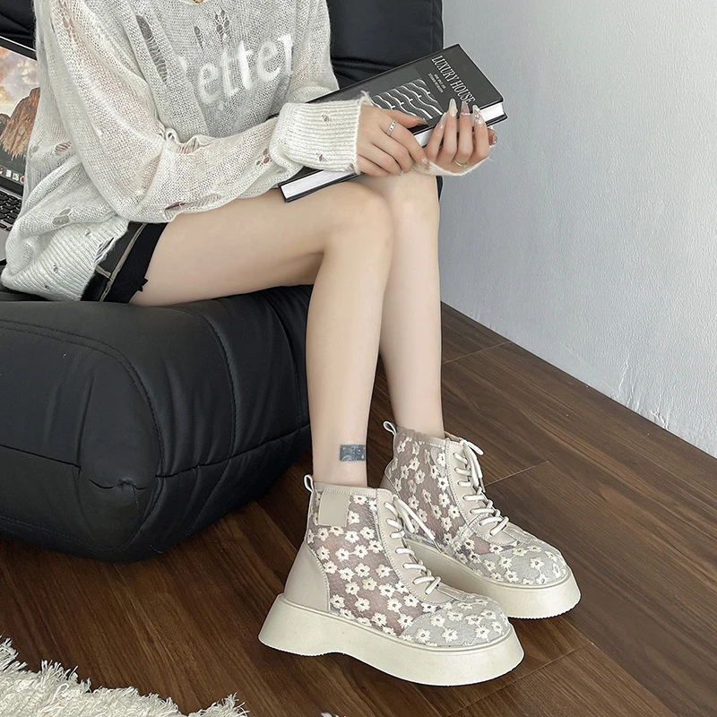 Women\'s Single Shoes Spring Thick Sole Mesh Embroidered Lace Sandals Casual Comfortable Temperament Wear-resistant Cloth Shoes