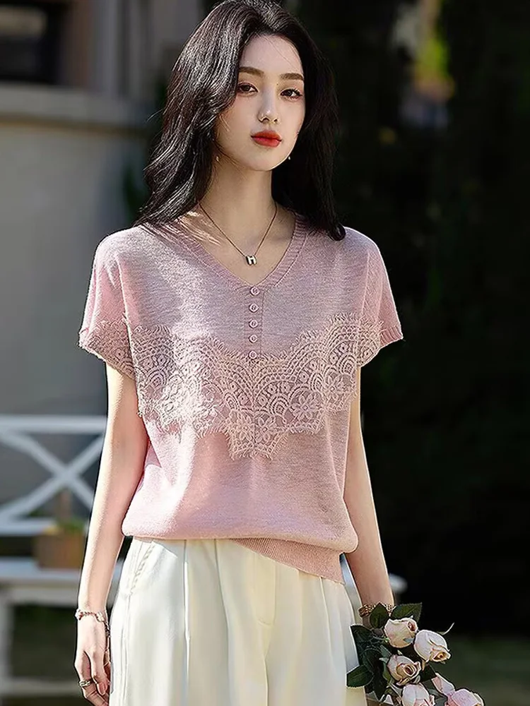Faionable doux pour la peau glace soie haut tricoté dentelle épissage conception ort Sve été Faionable coréen Sle coupe ample