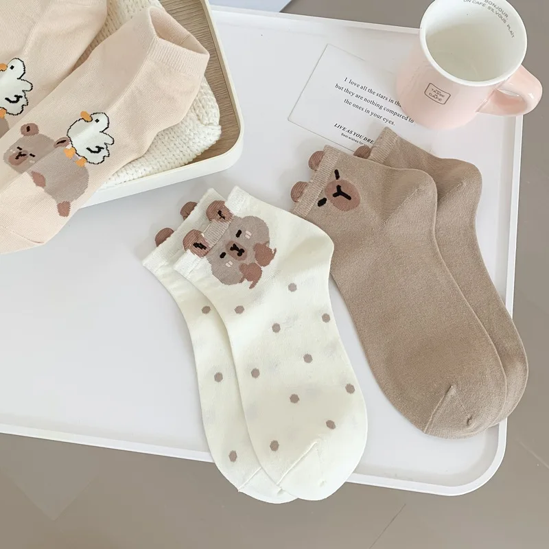 Spring Summer coffee Color Cute Cartoon Bear Print Socks Wholesale Cotton Breathable Ankle Socks Thin Low Tube Kawaii Sox Girls