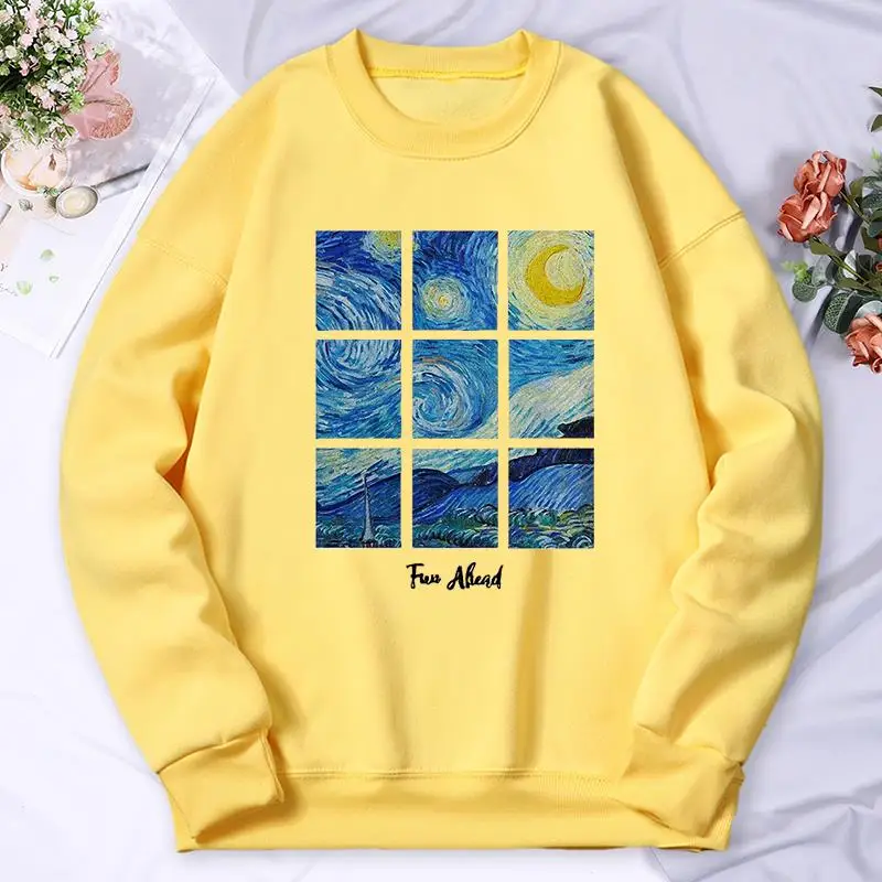 Romantic Starry Sky Painting Print Hoodies Women Autumn Casual Hoodie Hip Hop Oversize Hoody Fleece Warm Comfortable Tops Female