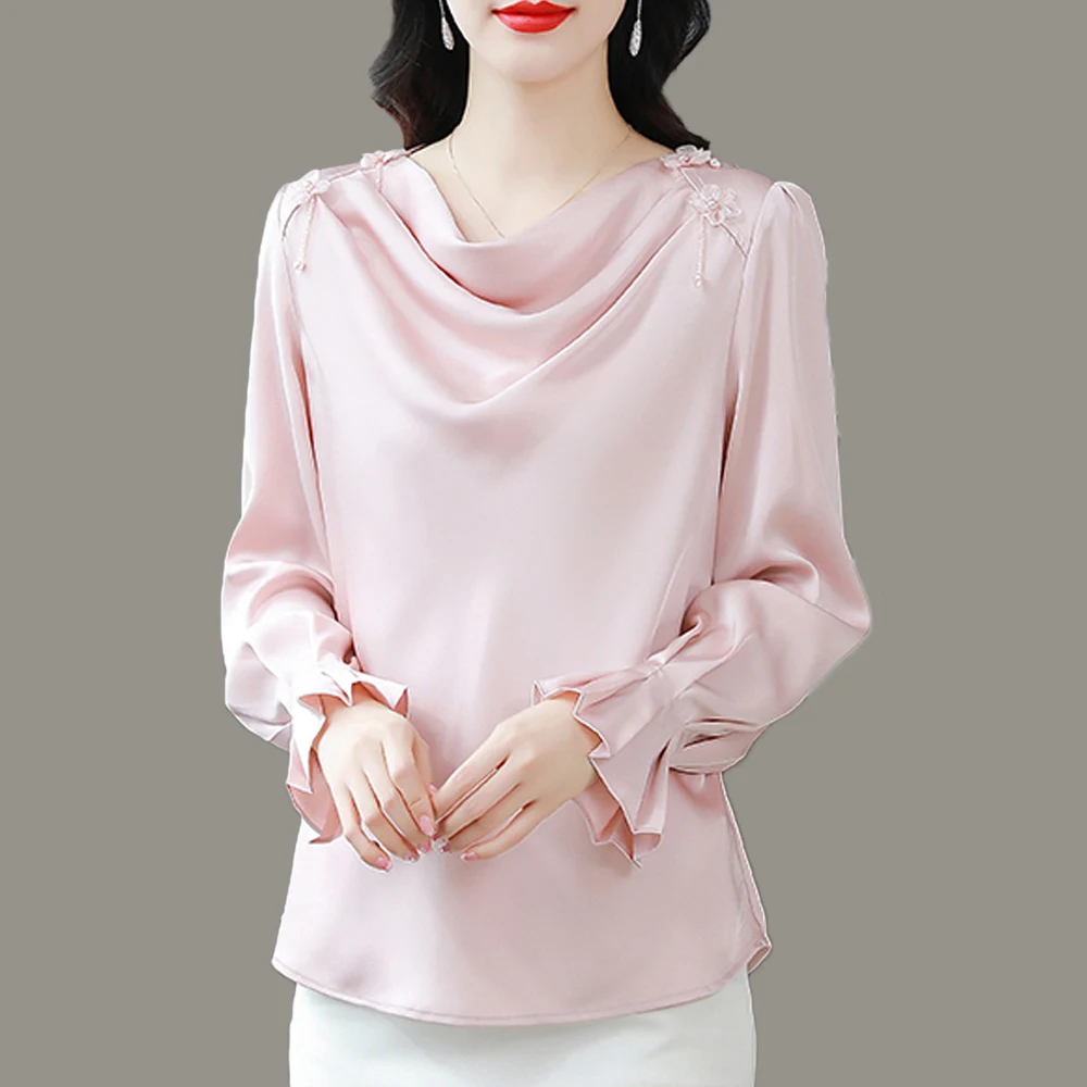 Chic Simple Women Satin Blouses Fashion Casual Ruffles Design Loose Long Sleeve Shirts With Flowers Vintage Basic Tops Women