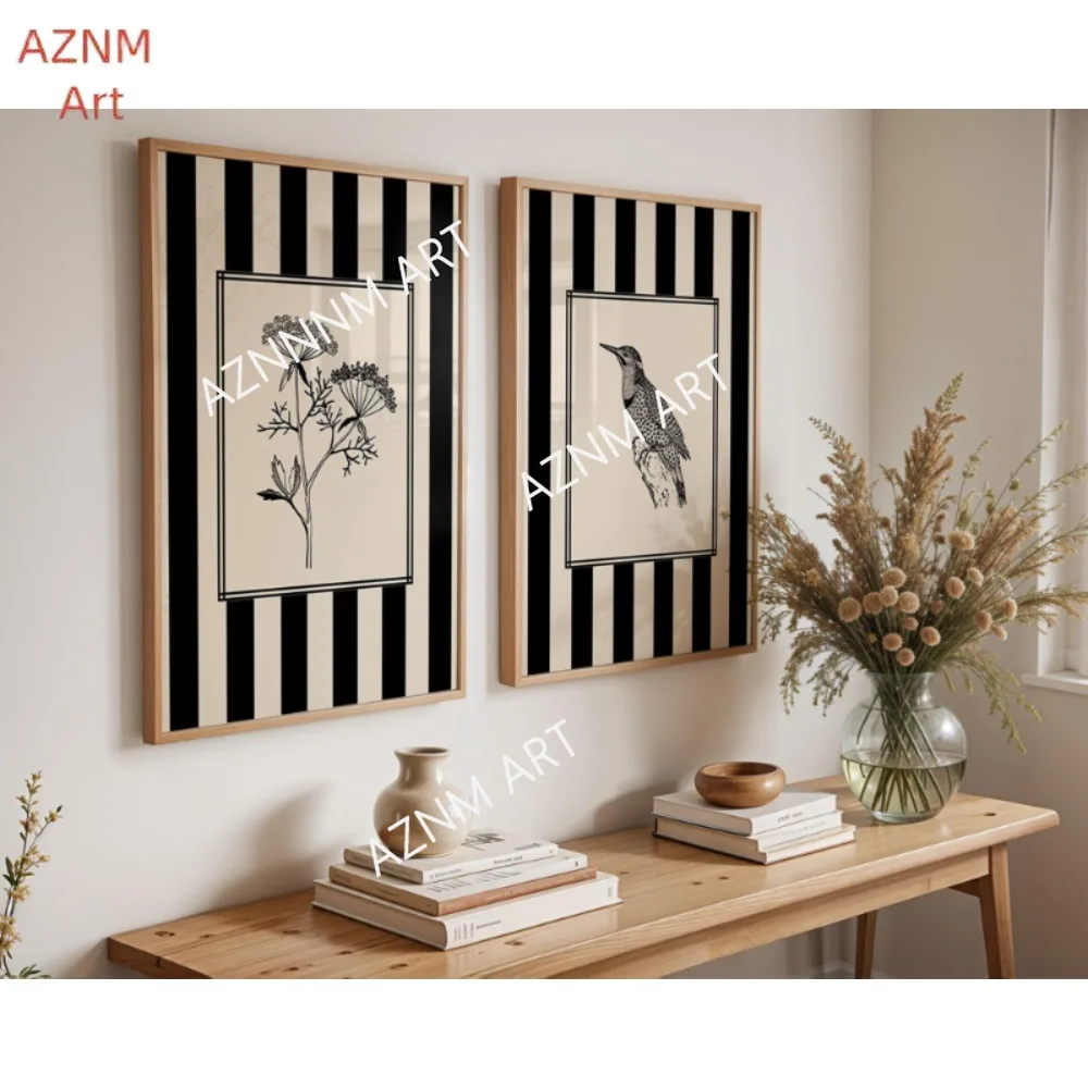 1/2 Stück Vogel- und Blumenkunst, schwarzes Streifen-Poster-Set, Cottagecore-Wandkunst, Naturlinien-Zeichnungsdruck, Galerie-Wandkunstdruck