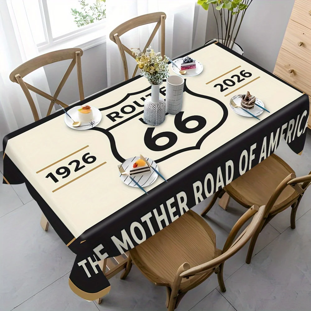 One 66th Street tablecloth, featuring a retro road sign design and 
