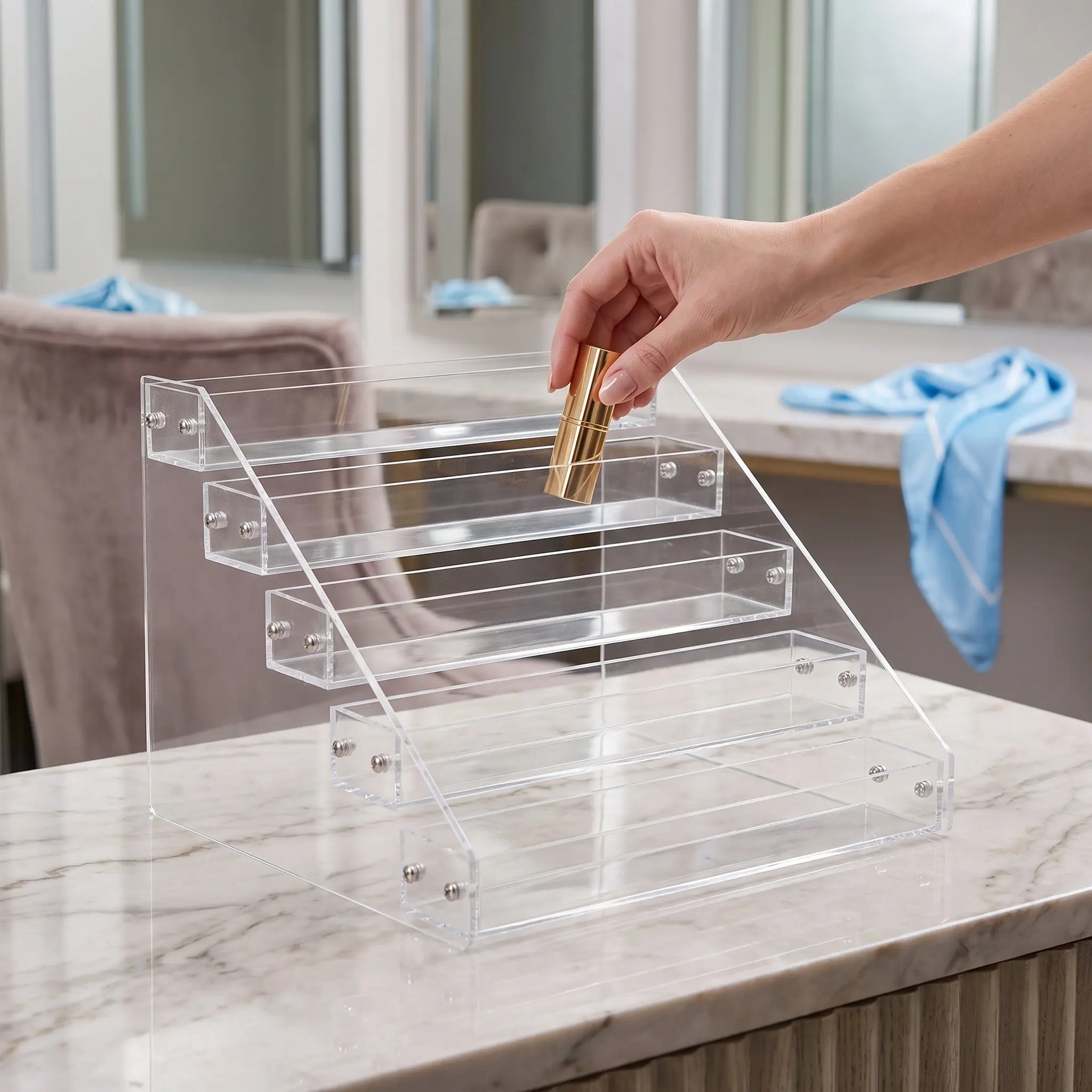 2Pcs Transparent Acrylic Multi-Layer Lipstick Display Rack Desktop Makeup Organizer Station Countertop Storage Box