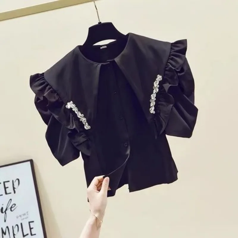 Korejpaa French Fashion Peter Pan Collar Shirts Women Elegant Studded Diamond Shirt Top Black Bubble Sleeve Simple Solid Blusas