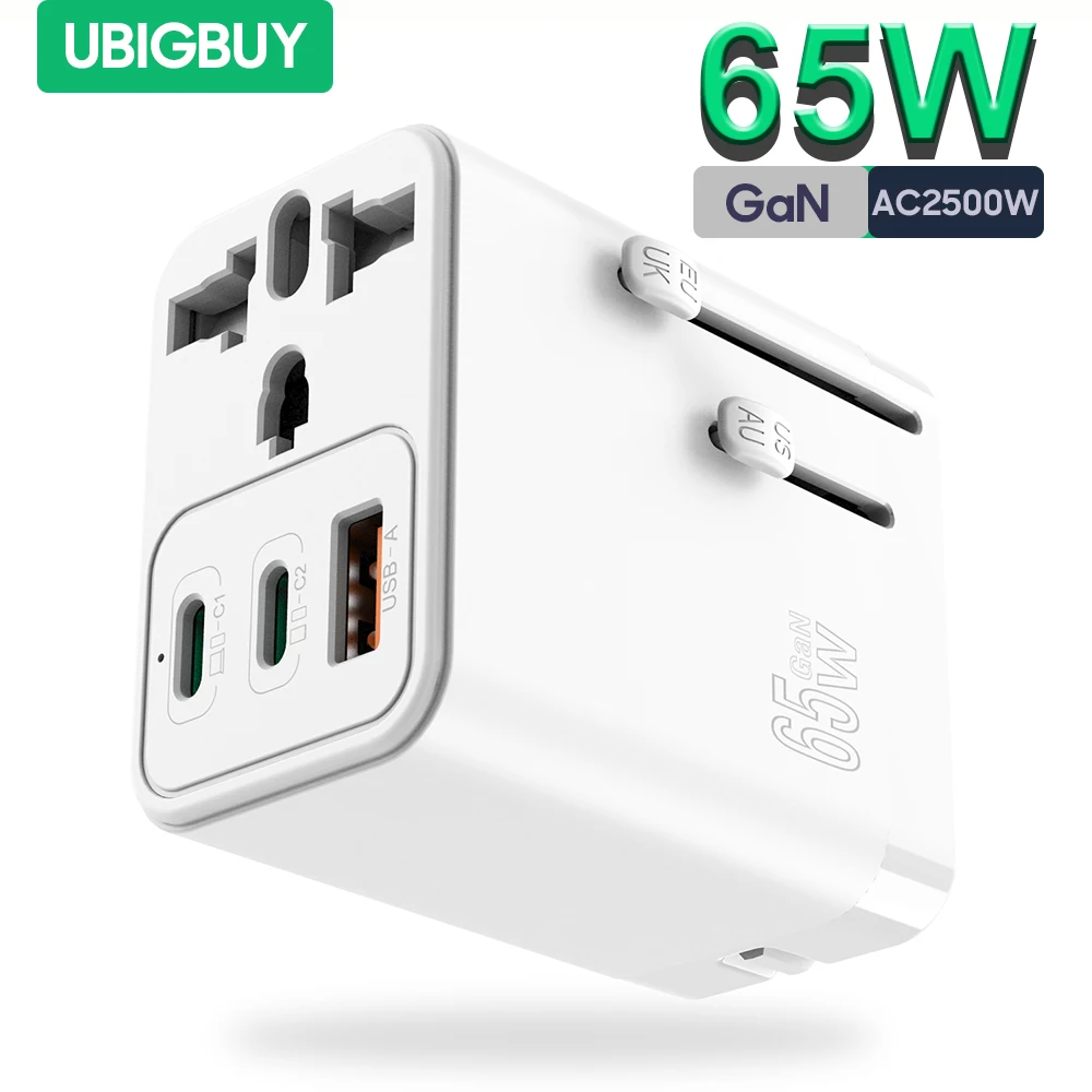 Ubigbuy Universal Travel Adapter, 65W GaN Charger with UK EU AU US Plugs, 2USB-C PD and USB-A QC3.0 for iPhone 15 Samsung Phones