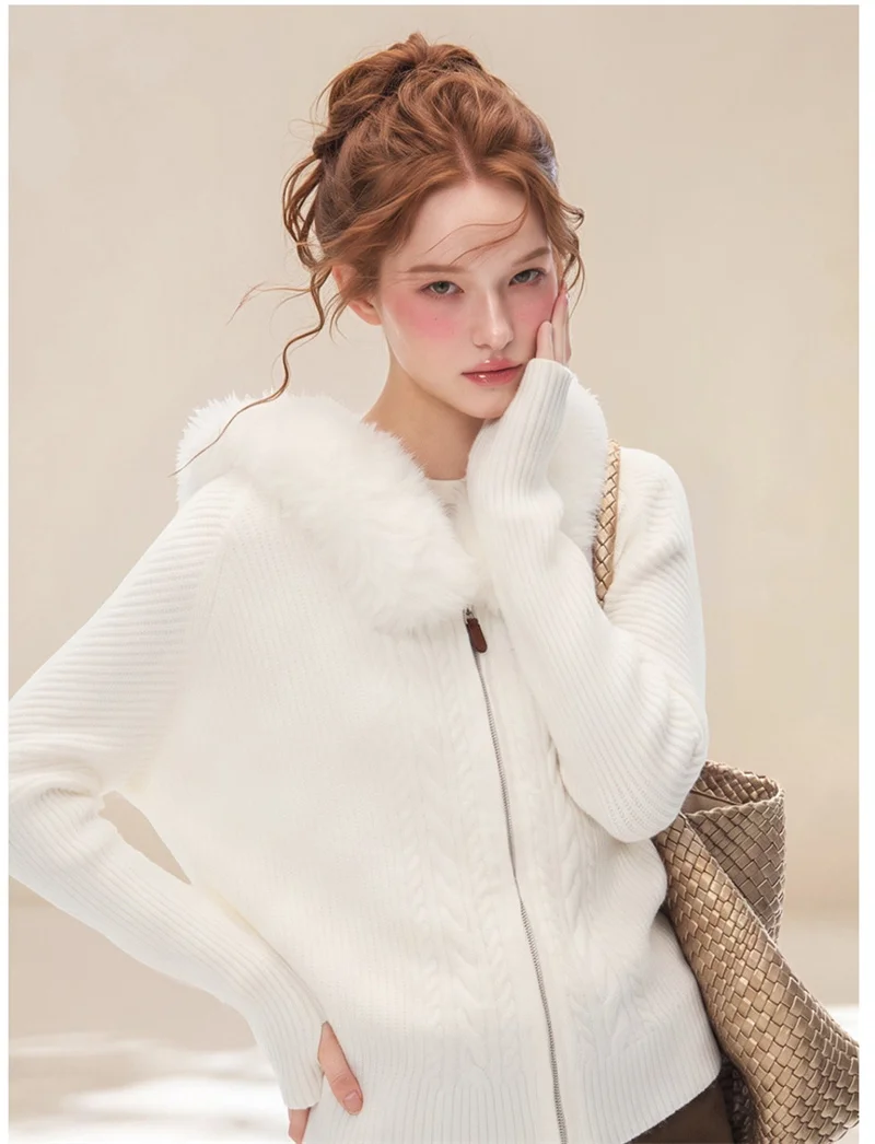 2026 Autumn Winter Women Faux Fur Trim Hooded Knit Cardigan, Lazy Batwing Sleeve Zip Up Sweater Coat