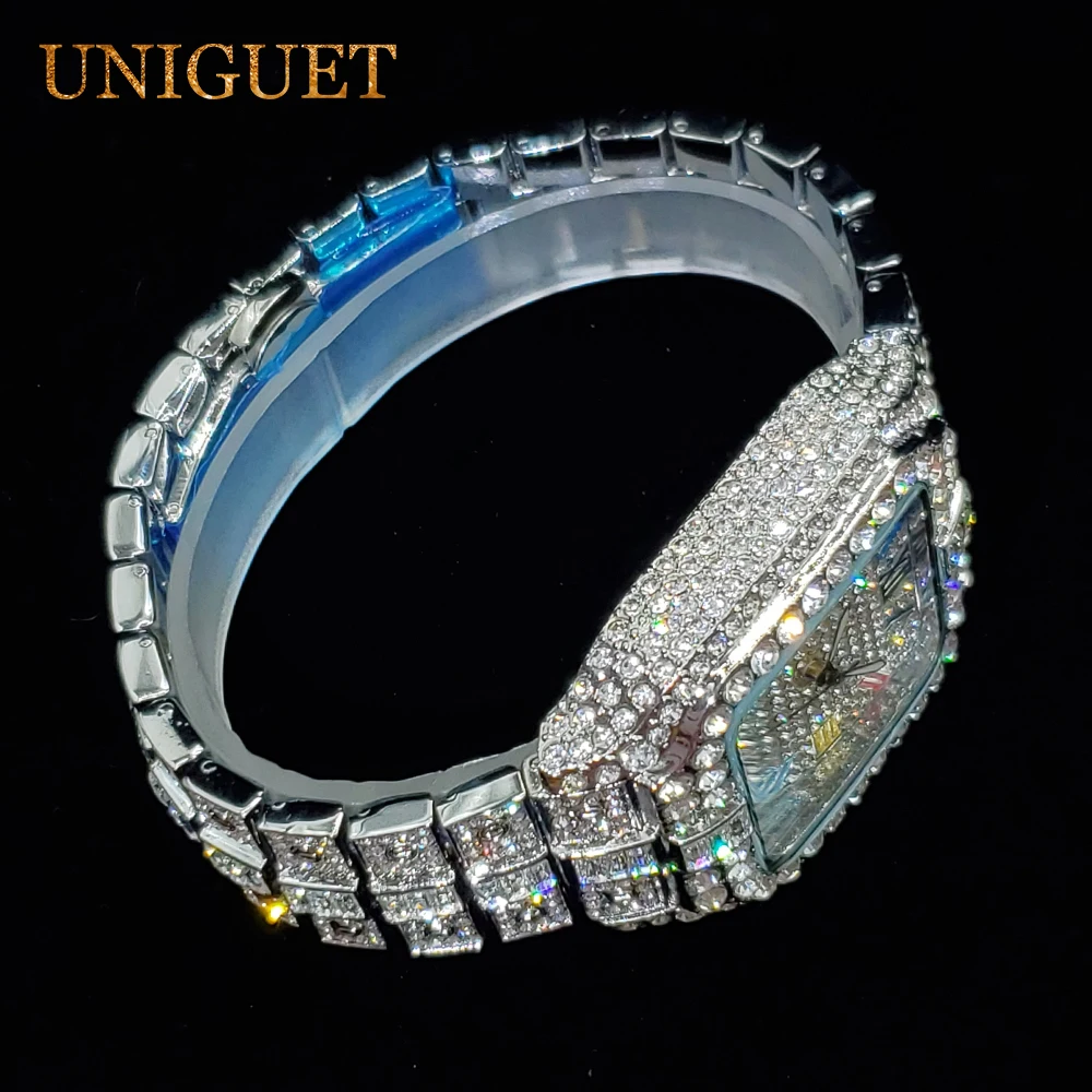 Relojes UNIGUET de lujo con diamantes para hombre, reloj de cuarzo con calendario y esfera de arcoíris para hombre, relojes de pulsera helados de Hip Hop a la moda para regalo