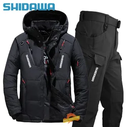 New Men Winter Thicken Warm Fishing Suits Outdoor Windproof Breathable Fishing Multi Pocket Hooded Down Jackets+waterproof Pants