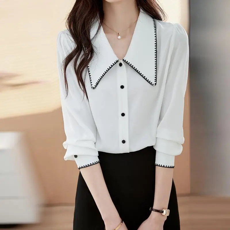 Women\'s Peter Pan Collar Contrast Color Blouses Tops Spring Autumn New Long Sleeve Chic Single-breasted Fashion Formal Shirts