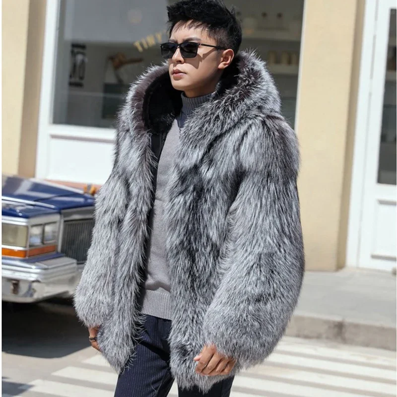 Winter Warm Hooded Fox Fur Men Mink Fur Integrated Coat Silver Fox Mink Coat Casual Jacket