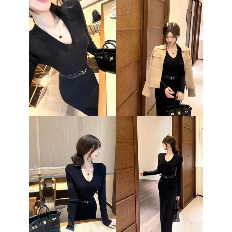 새로운 가을 패션 니트 드레스 여성 브이넥 긴팔 단색 슬림 롱 드레스 이너웨어 니트웨어