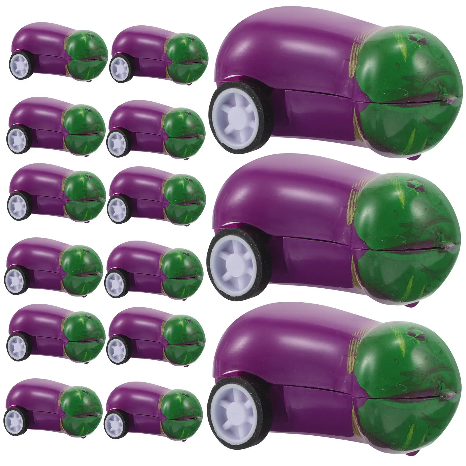 รถของเล่นรูปทรงมะเขือยาวขนาดเล็ก 15 ชิ้น ขับเคลื่อนด้วยแรงเสียดทาน ดีไซน์สร้างสรรค์สำหรับเด็ก งานฝีมือประณีต พกพาสะดวก ของชำร่วยงานปาร์ตี้สุดสนุก