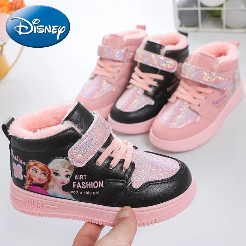 Disney รองเท้าลำลองสำหรับเด็ก, รองเท้าผ้าใบกีฬาเด็กผู้หญิงเอลซาแอนนารองเท้าผ้าใบฤดูหนาวอบอุ่นผ้ากำมะหยี่รองเท้านักเรียนรองเท้าผ้าใบขนาด26-37