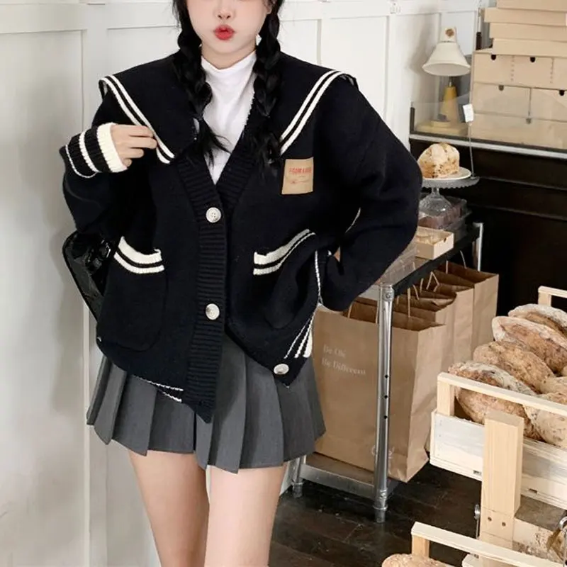 

Autumn Winter Sailor Collar Cardigan Preppy Style Fashion Knitted Casual Loose Female Clothing Commute Single-breasted Sweaters