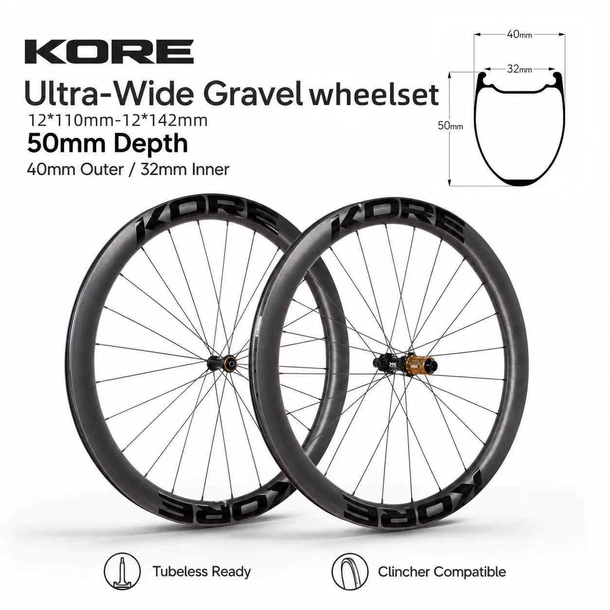 AliExpress KORE Kore 50mm Rim Gravel-Bike Wheels Disc Brake WheelSet Depth, Ultra Light 1325g with Pillar Spokes 45-55C Bike-tire 32 Int-Width